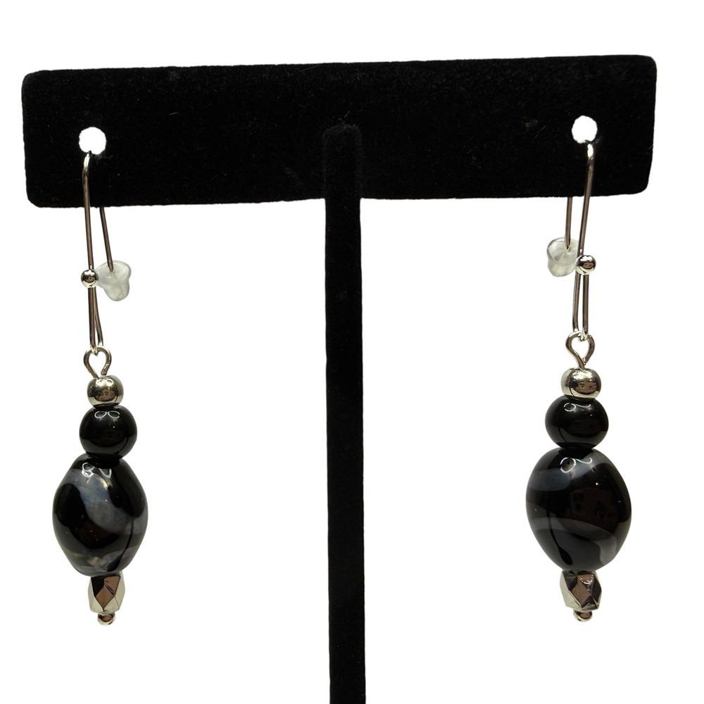 Black Marbled Glass Dangle Earrings Silver Tone Accent Beads Jewelry 1.5 in